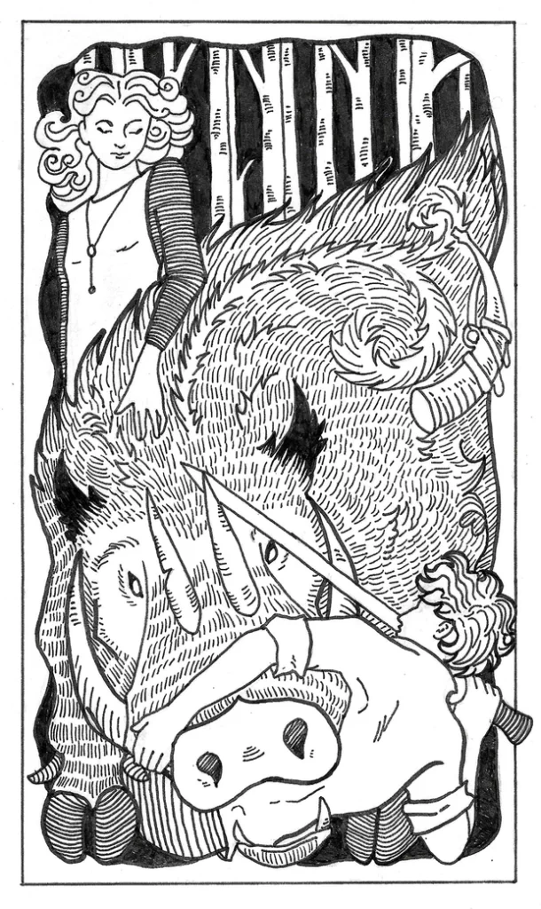 A black and white illustration showing an enormous boar attacking a man, with a woman towards the top of the image stroking the boar's back. The man's torso is being grasped by the boar's mouth, and the man appears to be trying to strike the boar with a sword. The woman in the upper left corner appears calm and pleased by what is taking place. Illustration by Saro Lynch-Thomason. 
